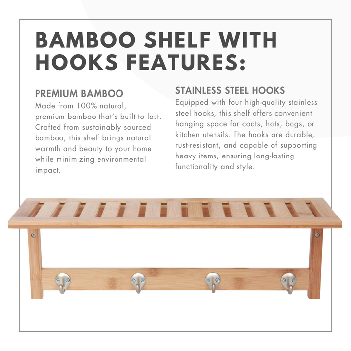 ToiletTree Bamboo Stainless Steel Towel Wall Hooks with Shelf